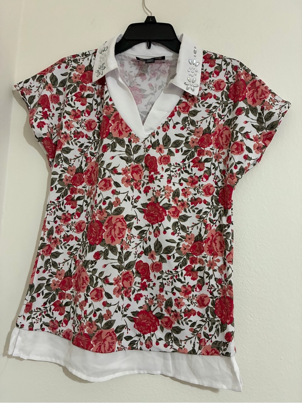 Madison White Floral V-Neck Top with Red Rose Print